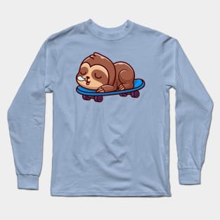 Cute Sloth Sleeping On Skateboard Cartoon Long Sleeve T-Shirt